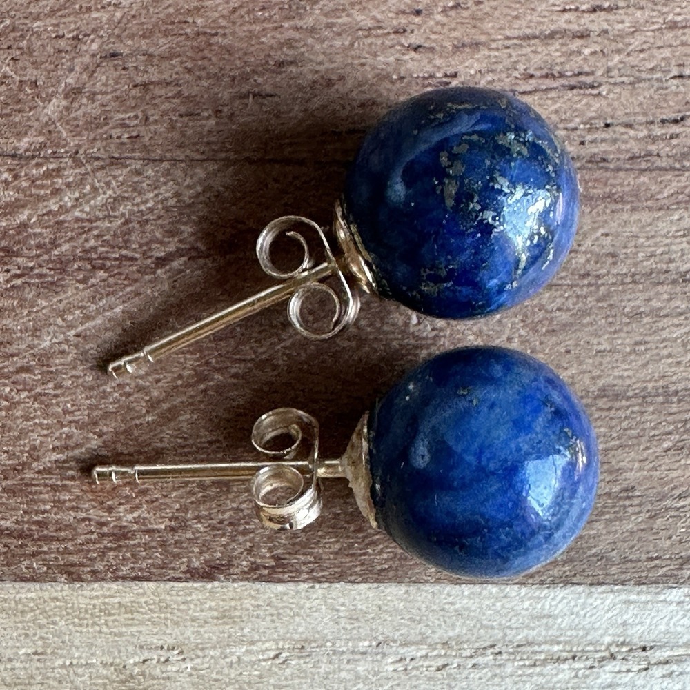Vintage Artisan H Stud Post Earrings 8mm Lapis Lazuli Round 14k Yellow Gold 2.0g